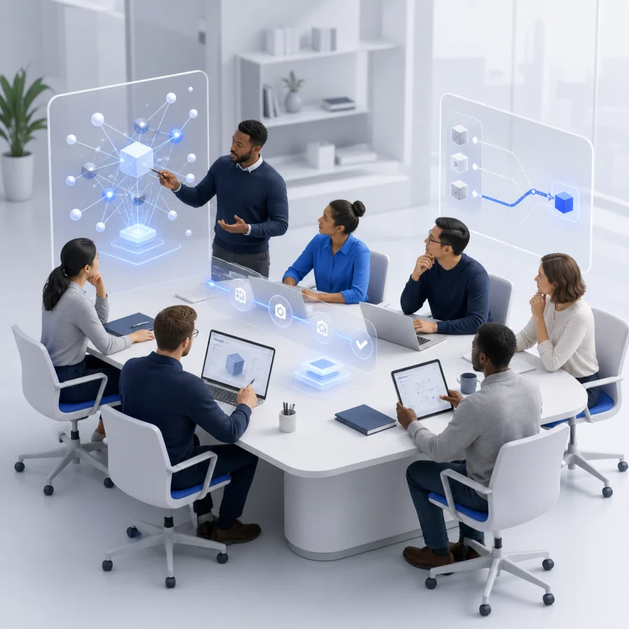 Profesionales aprendiendo, aplicando inteligencia artificial y evaluando alternativas para tomar decisiones