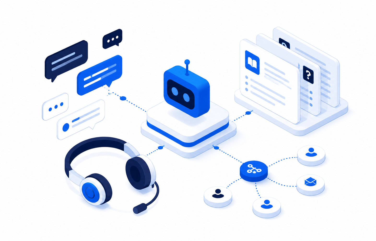 Ilustración esquemática de atención al cliente asistida por inteligencia artificial