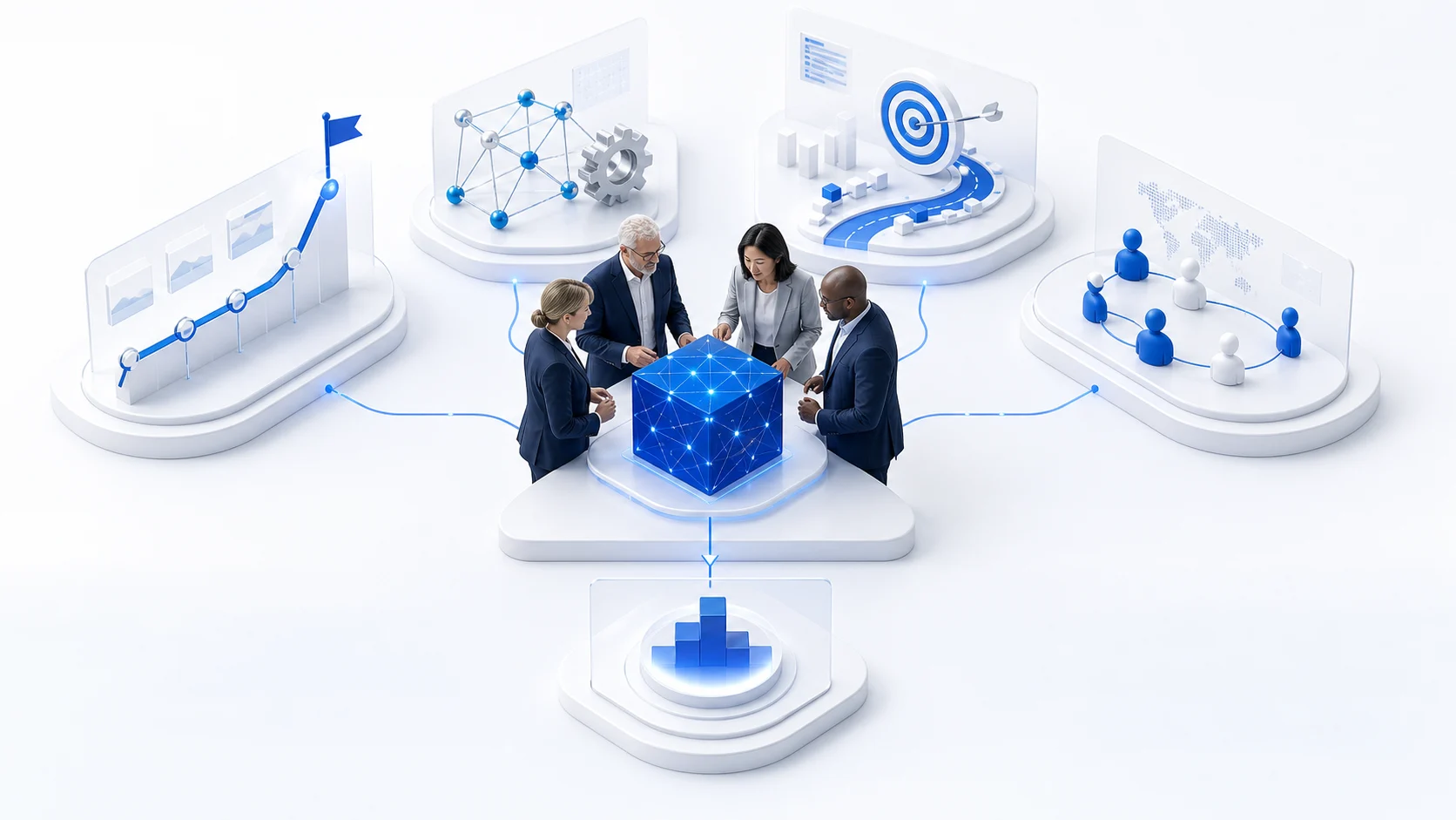 Equipo senior conectando experiencia, conocimiento técnico y estrategia para convertir IA en resultados