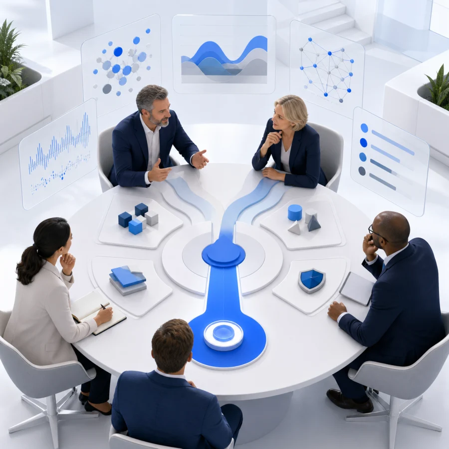 Equipo trabajando en decisiones estratégicas y soluciones de inteligencia artificial