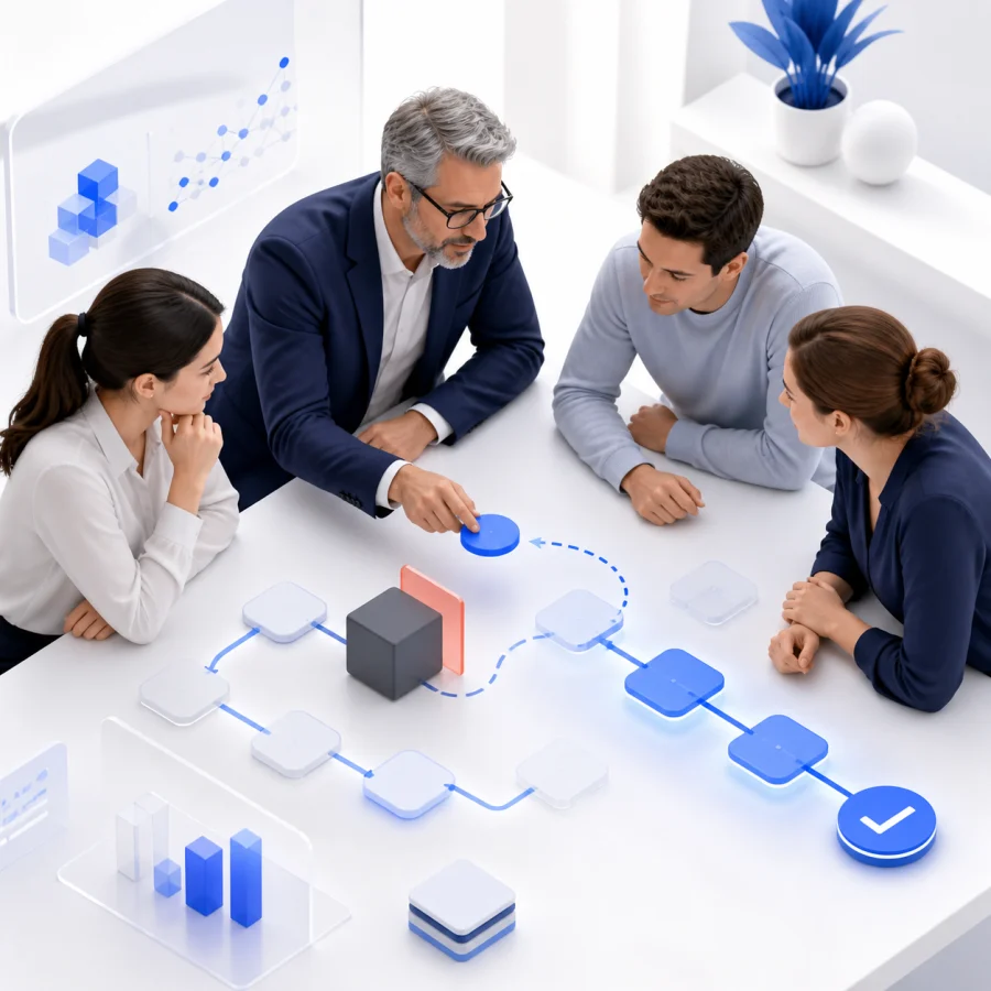 Consultor senior acompañando a un equipo para validar decisiones y resolver bloqueos