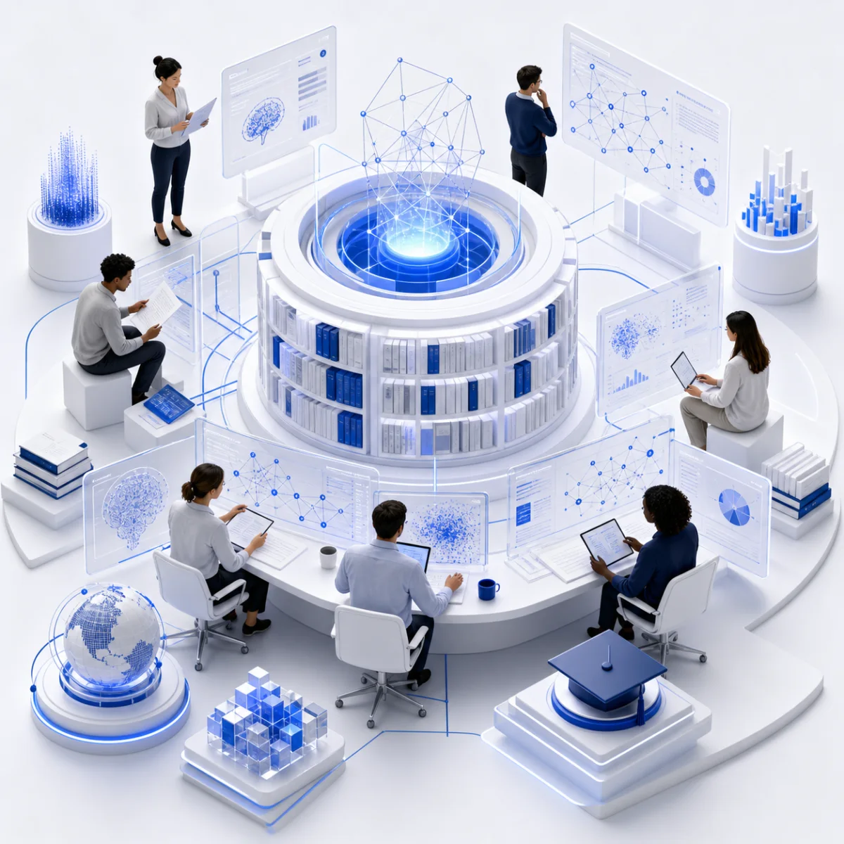 Equipo de investigación consultando una biblioteca académica digital conectada con datos y modelos