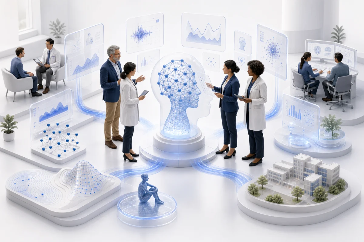 Equipo clínico y tecnológico analizando patrones predictivos de salud mental con inteligencia artificial